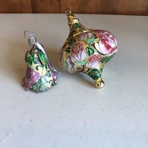 Two Vintage 2000 Abbott Collection Handcraft Cloisonné Peony Christmas Ornaments